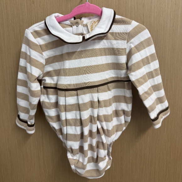 Beaufort Bonnet Tan and White Stripe Onesie - 6 - 12M - Picture 1 of 2